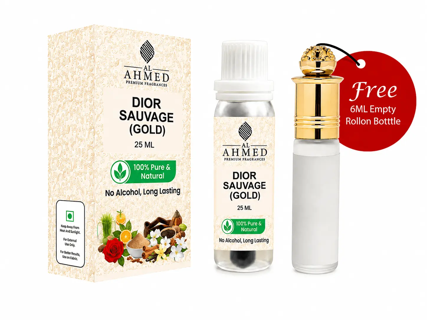AL AHMED Premium Fragrances – Dior Sauvage (Gold) Fragrance Oil | 25 ML | Free 6 ML Empty Roll-On Bottle | Long Lasting | Alcohol-Free Attar - Al Ahmed India