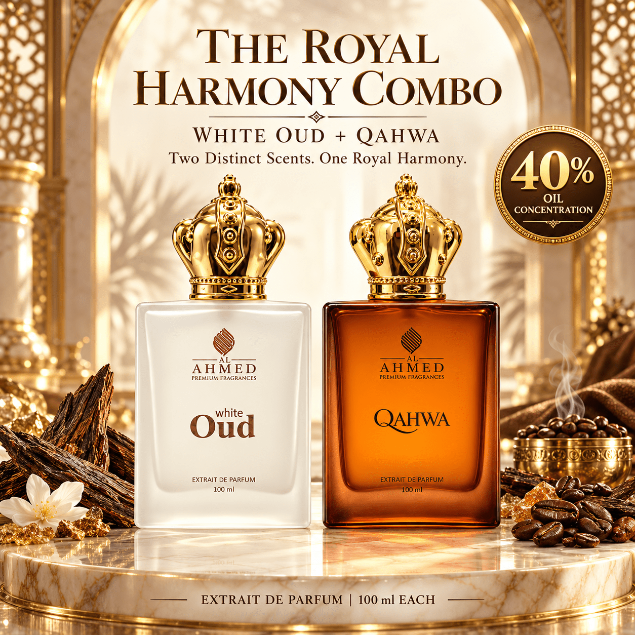 The Royal Harmony Combo by Al Ahmed | White Oud + Qahwa | Fresh Elegance Meets Warm Indulgence | 2 × 100 ml Extrait De Parfum - Al Ahmed India