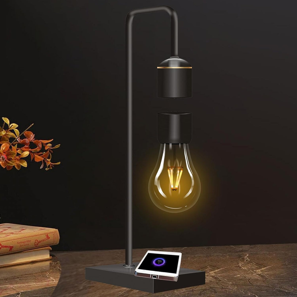 Magnetic Levitating Light Bulb with Luxury Wireless Charging Pad (Apple/Android)| Levitation Plastic Black Floating Table Lamp| White LED Night Light for Bedrooms Desk| Office Gifts