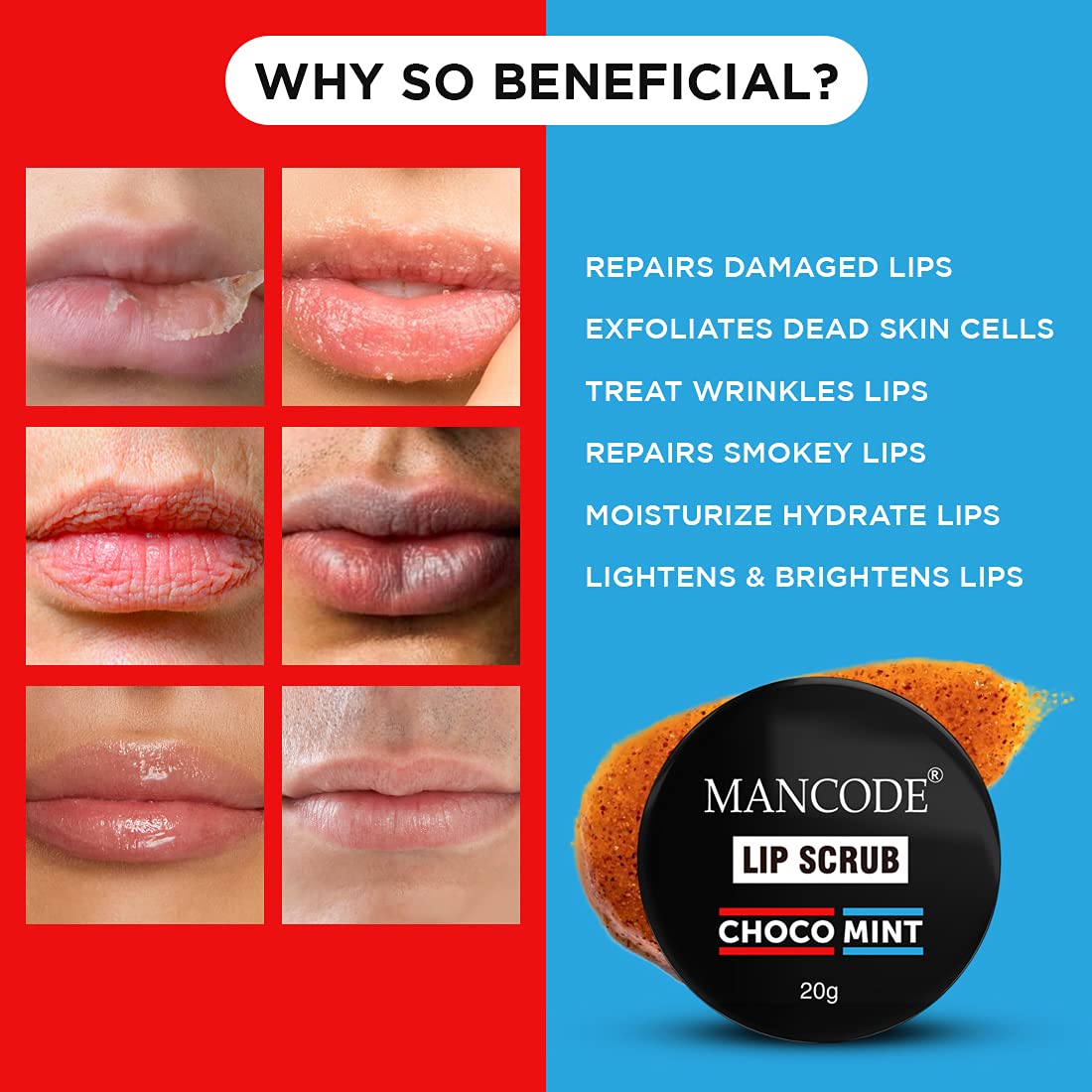 Mancode Lip Scrub Brightening Dark Lips for Men | Heals Dry & Chapped Lips | Smoker Lips | Lipcare with Choco-Mint Flavour |