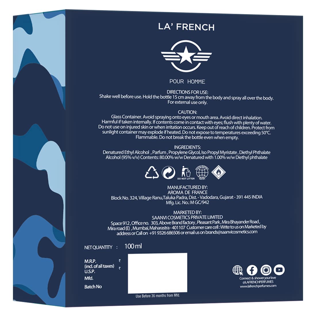 LA' French Kombat Liquid Perfume For Men, 100ml Luxury Gift, Extra Long Lasting Smell, Premium French Fragrance Scent, Eau De Parfum (Fresh)