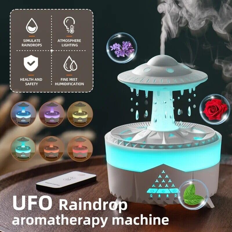 UFO Raindrop Aromatherapy Machine Raindrop Humidifier Desktop Bedroom LED Colorful Light Aromatherapy Machine Humidifier (Remote Control) Free Aroma OIl