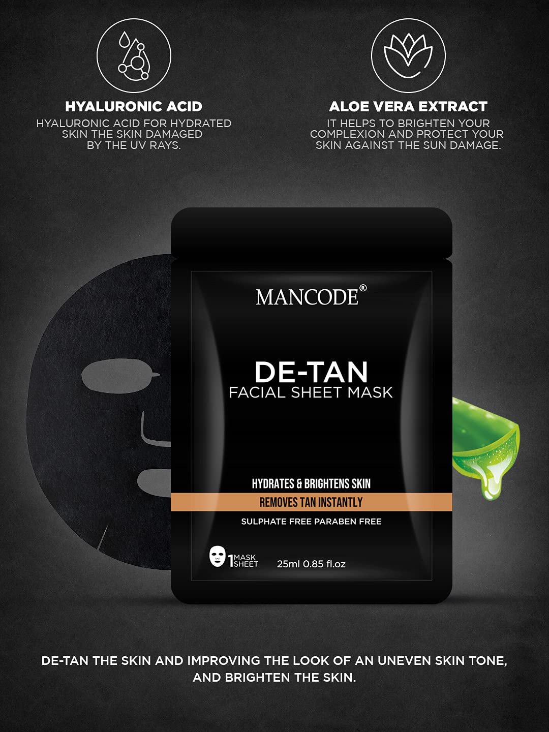 Mancode De-Tan Facial Sheet Mask Removes Tan Instantly | Fight Pimple | Purifying and Brightening | Hydrating & Detoxifying | 1 Mask Sheet