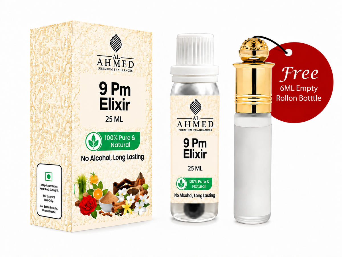 AL AHMED Premium Fragrances – 9 PM Elixir Fragrance Oil | 25 ML | Free 6 ML Empty Roll-On Bottle | Long Lasting | Alcohol-Free Attar