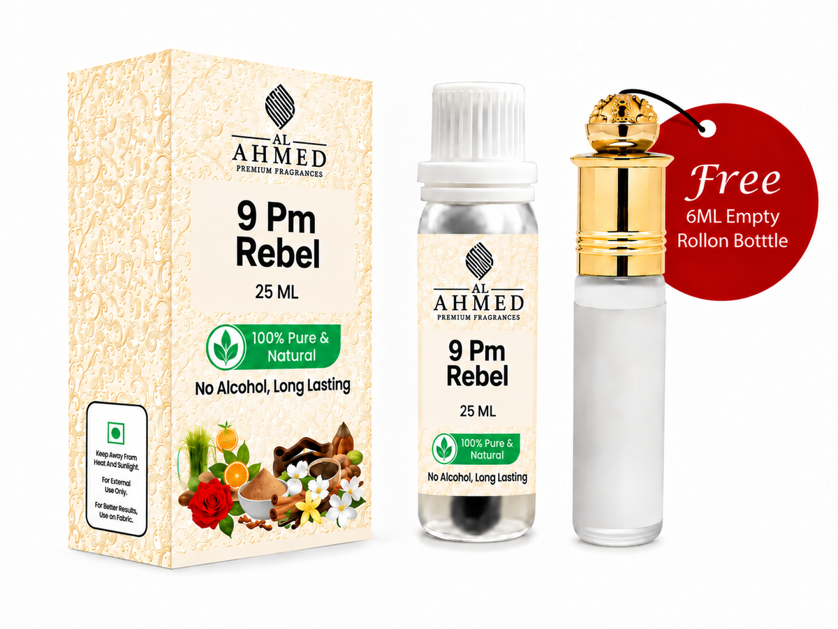 AL AHMED Premium Fragrances – 9 PM Rebel Fragrance Oil | 25 ML | Free 6 ML Empty Roll-On Bottle | Long Lasting | Alcohol-Free Attar