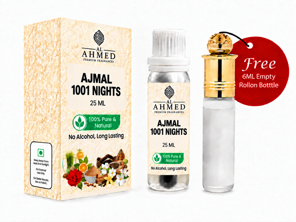 AL AHMED Premium Fragrances – AJMAL 1001 NIGHTS Fragrance Oil | 25 ML | Free 6 ML Empty Roll-On Bottle | Long Lasting | Alcohol-Free Attar