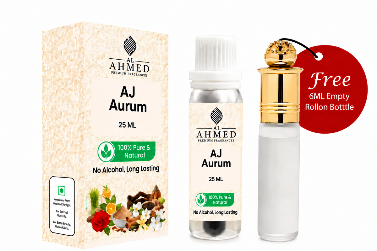 AJ Aurum By Al Ahmed (25ml) | LONG LASTING FRAGRANCE PERFUME FOR MEN AND WOMEN | 100% ALCOHOL FREE ATTAR PERFUME | 25ml | Free 6ml Roll on Empty Bottle