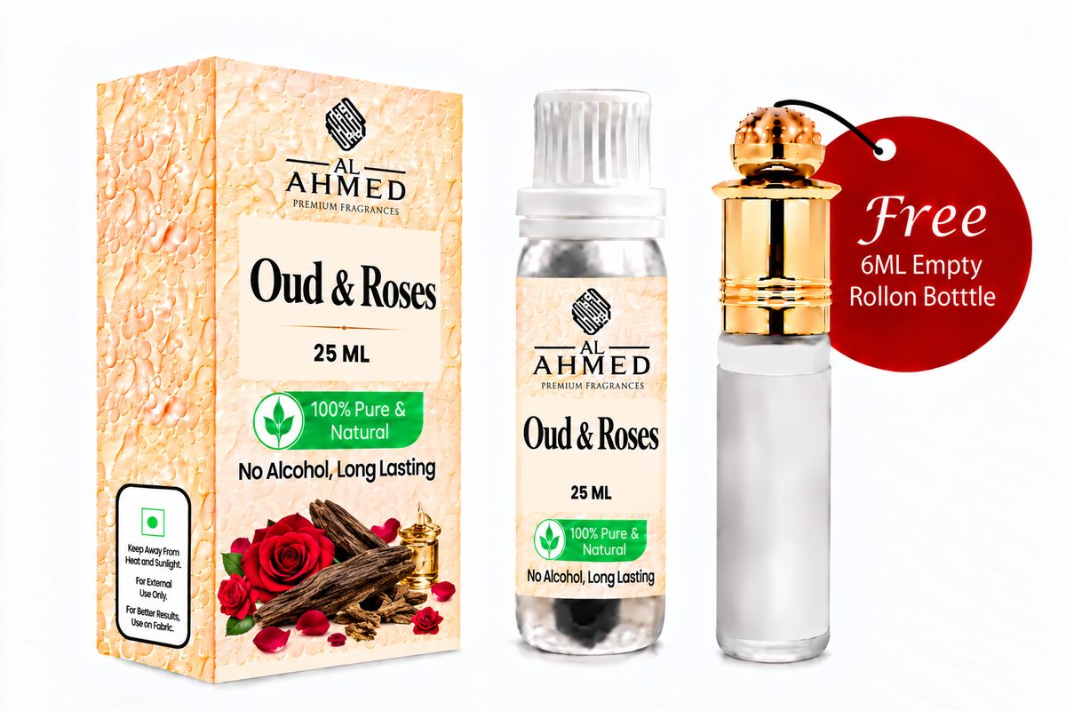 Oud & Roses By Al Ahmed (25ml) | LONG LASTING FRAGRANCE PERFUME FOR MEN AND WOMEN | 100% ALCOHOL FREE ATTAR PERFUME | 25ml | Free 6ml Roll on Empty Bottle