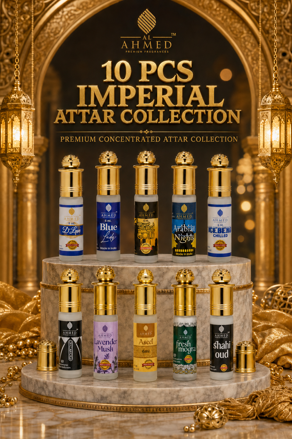 Al Ahmed 10 PCS Imperial Attar Collection | 6ml Each | Alcohol-Free Concentrated Perfume Oil | Long-Lasting Unisex Attar Gift Set for Men & Women | Premium Fragrance Combo