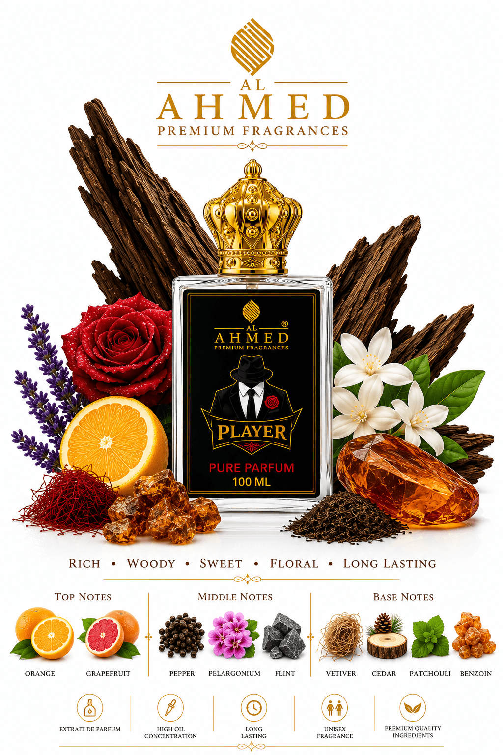 PLAYER PURE PARFUM By Al Ahmed 100ml For Men & Women | Long Lasting - Al Ahmed India