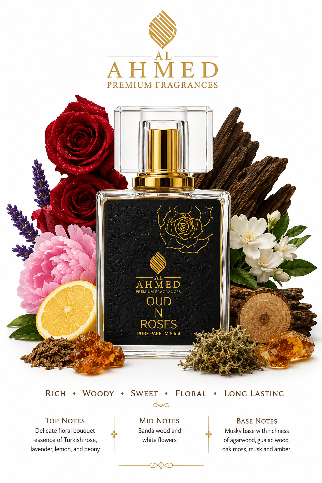 OUD & ROSES EDP BY AL AHMED EAU DE PARFUM 50ML FOR MEN & WOMEN EDP LONG LASTING - Al Ahmed India
