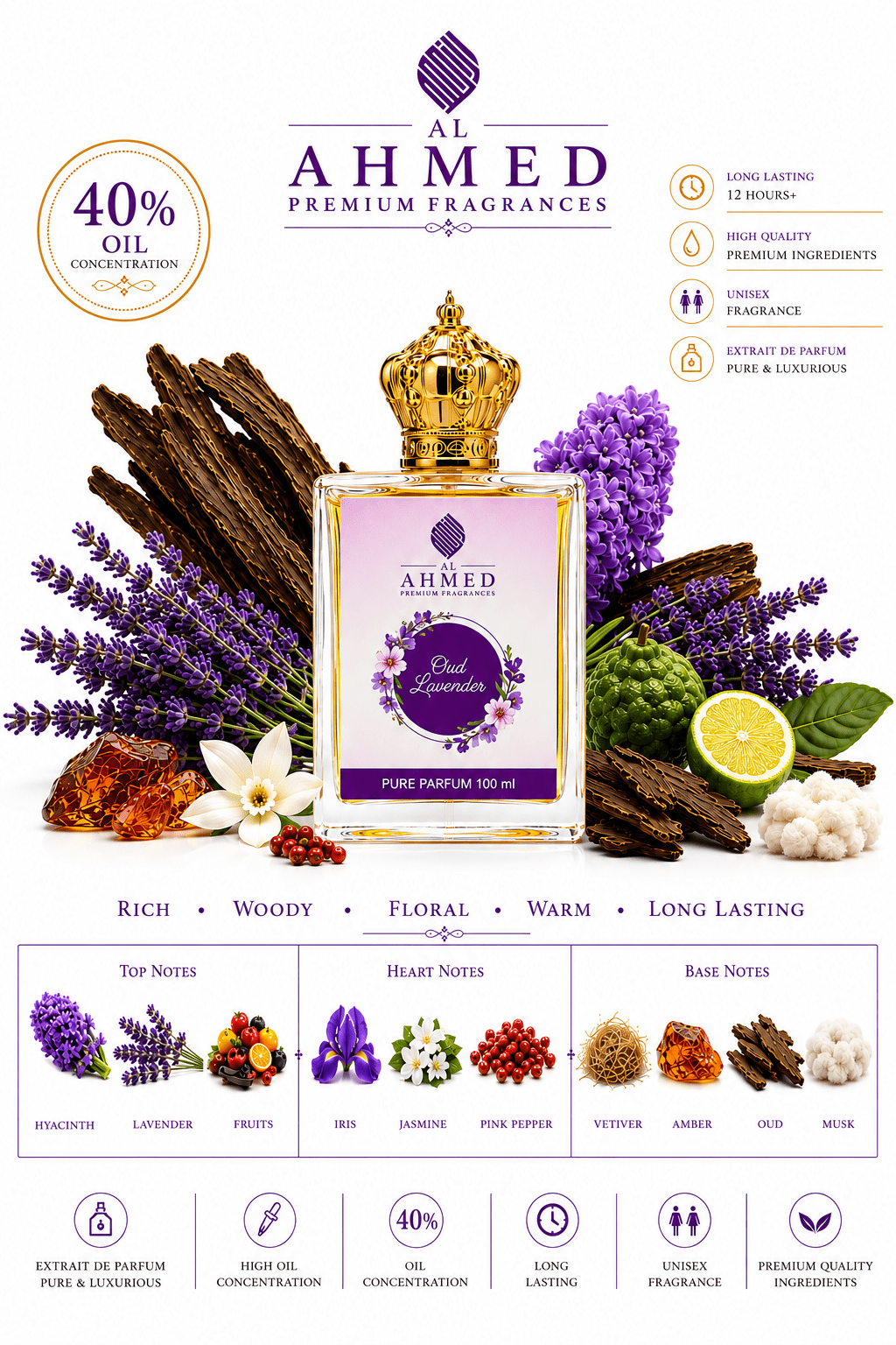 OUD LAVENDER EDP BY AL AHMED EAU DE PARFUM 100ML FOR MEN & WOMEN EDP LONG LASTING