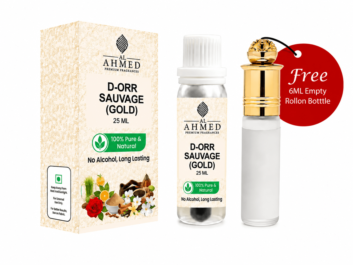 AL AHMED Premium Fragrances – D-orr Sauvage (Gold) Fragrance Oil | 25 ML | Free 6 ML Empty Roll-On Bottle | Long Lasting | Alcohol-Free Attar - Al Ahmed India