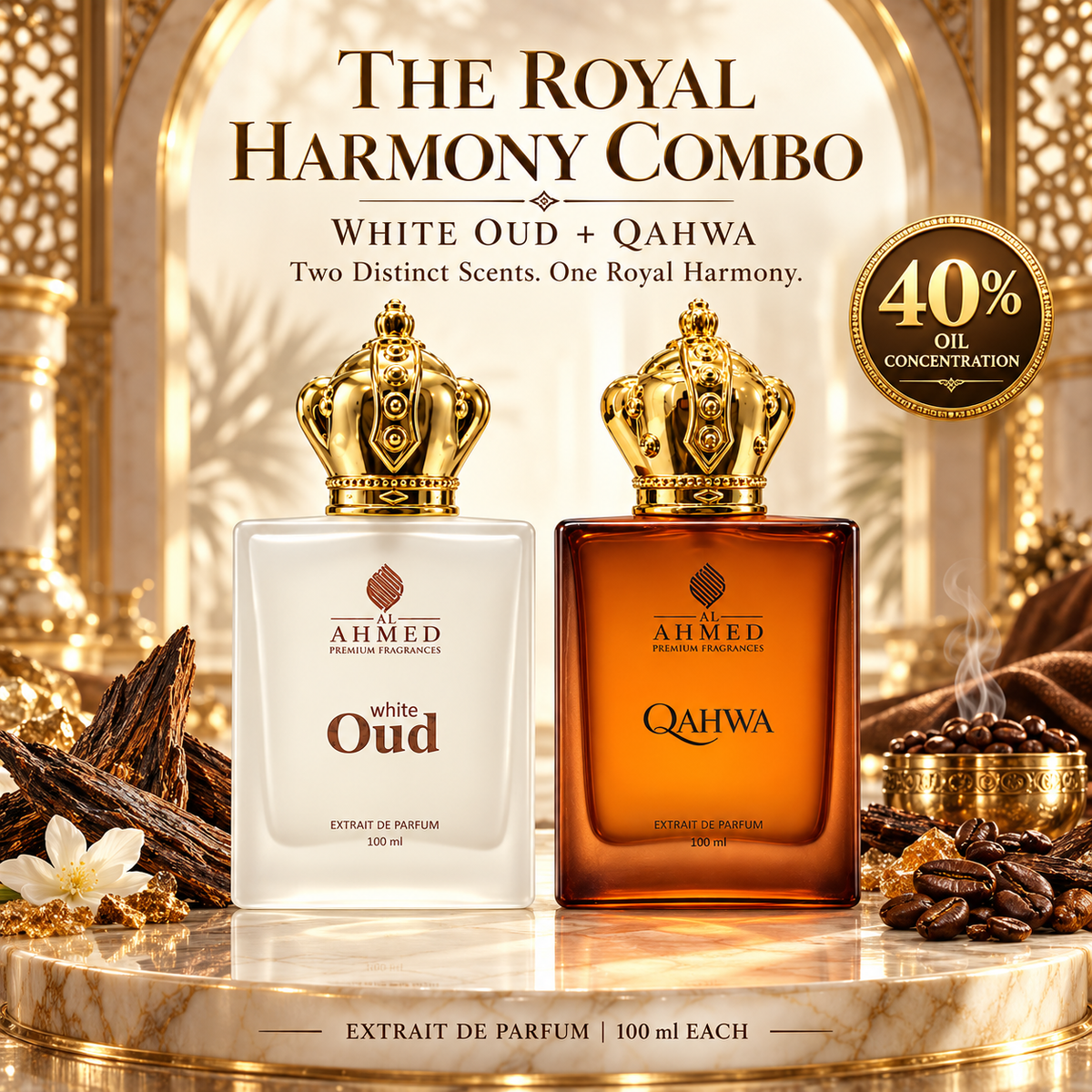 The Royal Harmony Combo by Al Ahmed | White Oud + Qahwa | Fresh Elegance Meets Warm Indulgence | 2 × 100 ml Extrait De Parfum