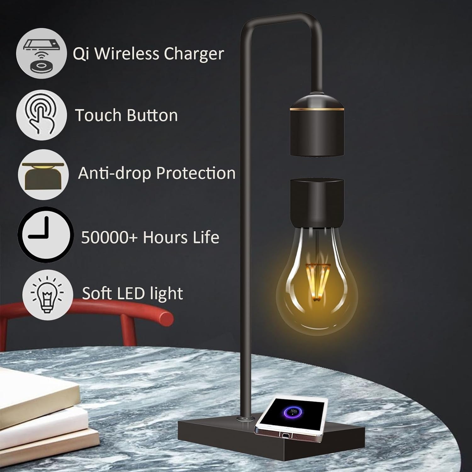 Magnetic Levitating Light Bulb with Luxury Wireless Charging Pad (Apple/Android)| Levitation Plastic Black Floating Table Lamp| White LED Night Light for Bedrooms Desk| Office Gifts