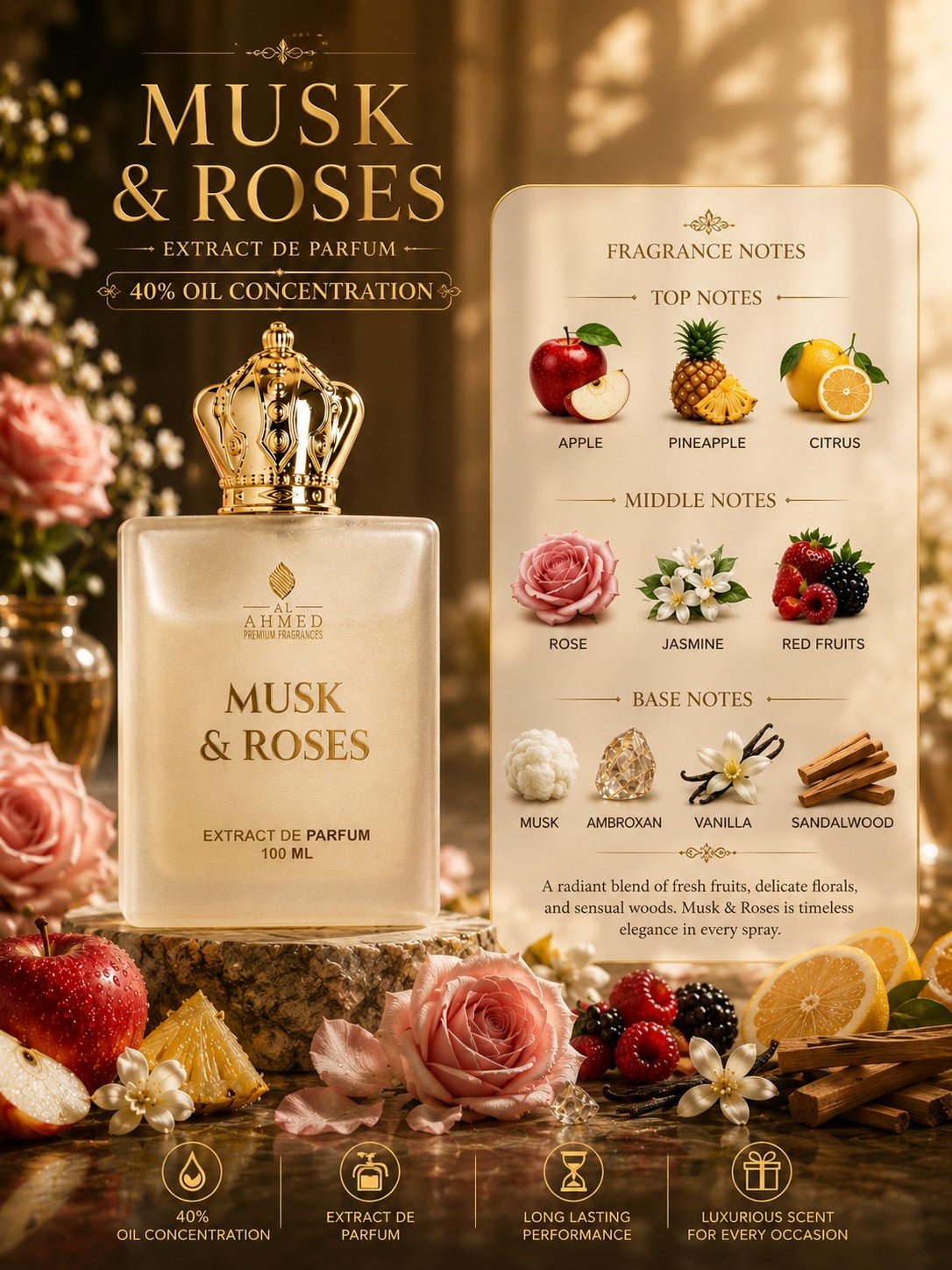 Musk & Roses | Extrait De Parfum by Al Ahmed – 100ml for Unisex | Long Lasting - Al Ahmed India